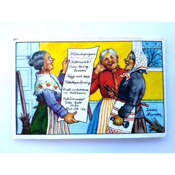 Easter Witches Postcard Fantasy Glad Pask Jenny Nystrom Sweden Brooms Aprons - Picture 2 of 3